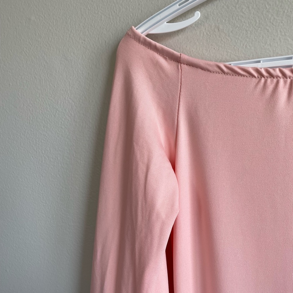 PINK OFF THE SHOULDER LONG SLEEVE DRESS PEASANT STYLE RUFFLES FITTED STRETCH - Picture 3 of 5